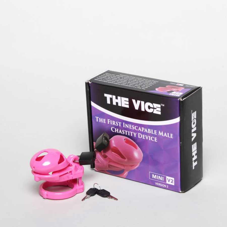the vice mini v2 sissy chastity cage in pink with the box and keys