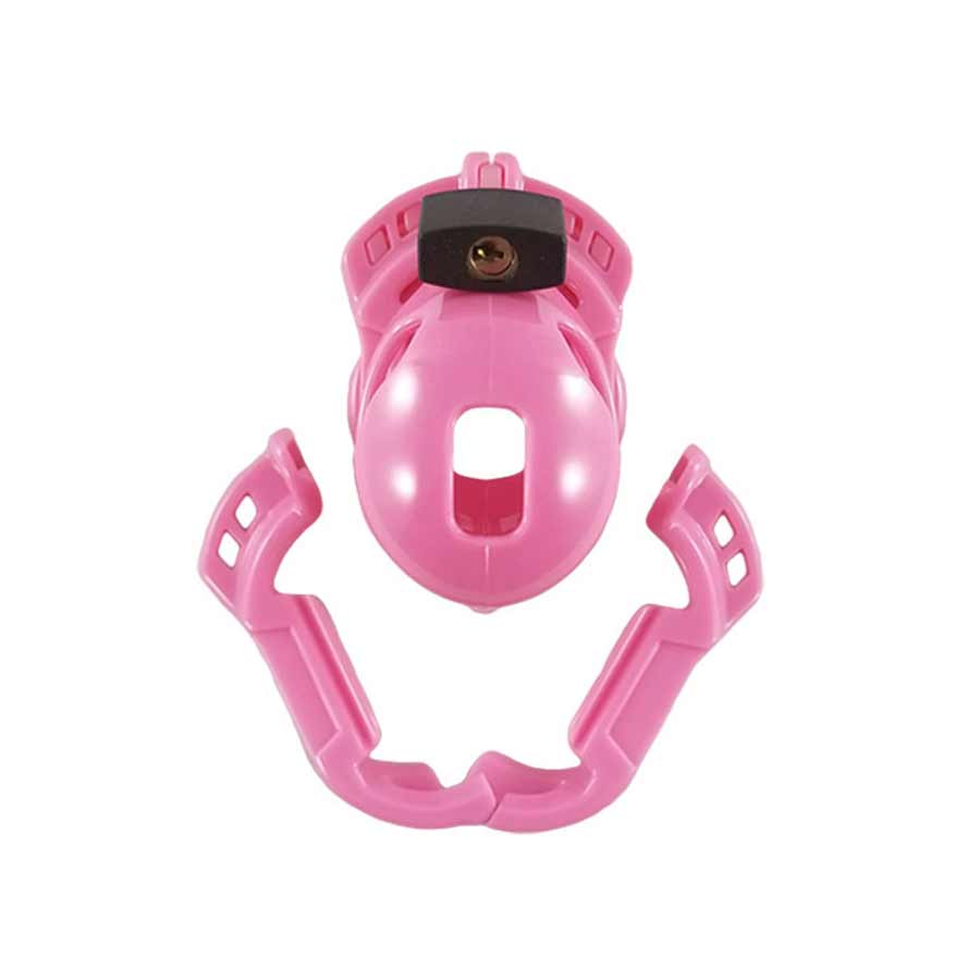 the vice mini v2 sissy chastity cage in pink frontal view with anti pullout